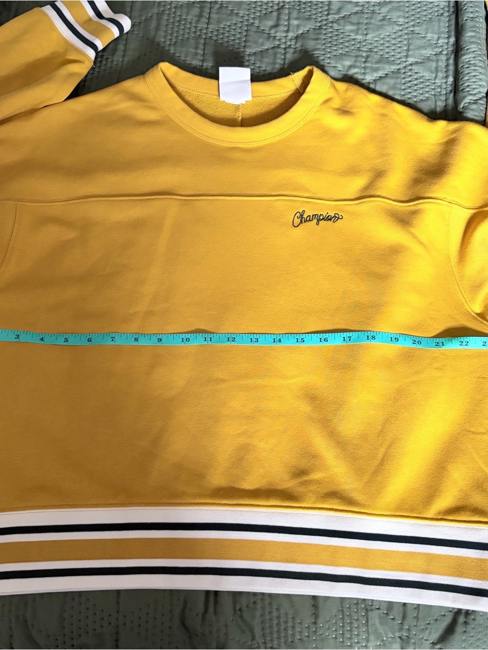 Champion Script Logo Mustard Yellow Striped Trim Crewneck Sweatshirt XXL - Picture 4 of 5